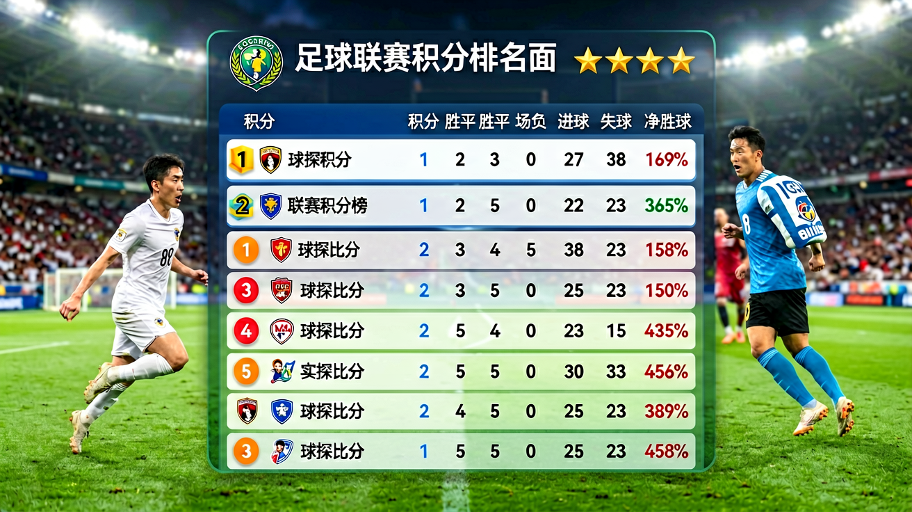足球联赛积分榜排名页面，展示各球队积分、胜平负场次和净胜球数据